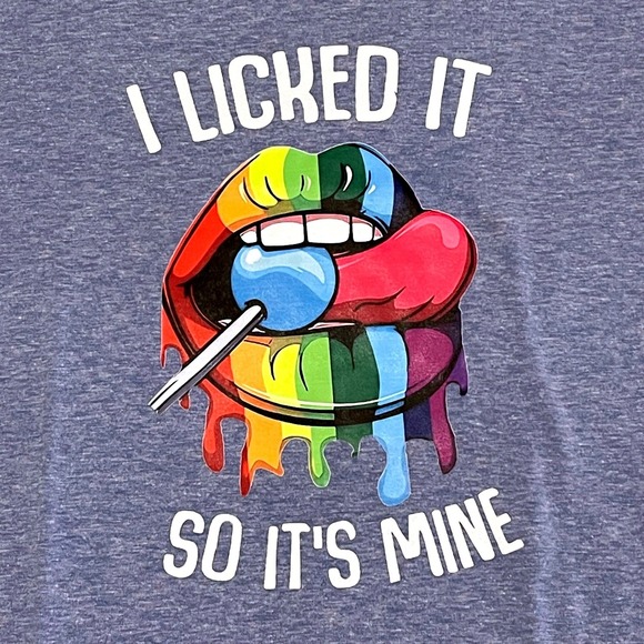 George Other - Graphic Tee I Licked It So Its Mine Rainbow Lips V Neck T Shirt Blue Size S